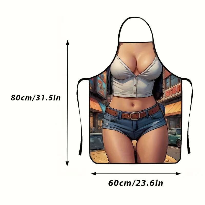 1pc White Denim Vest Print Kitchen Apron for Women Stylish Polyester Fabric with Neck Strap