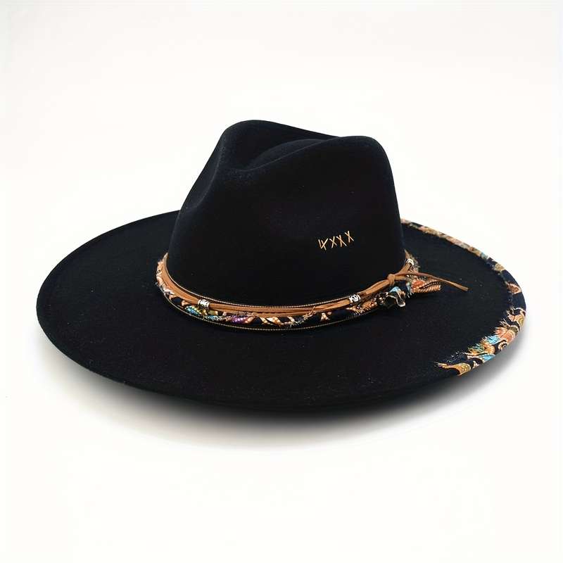 1pc Boho Trim Rope Decor Fedora Hats Classic Solid Color British Style Felt Hat Trendy Jazz Fedoras