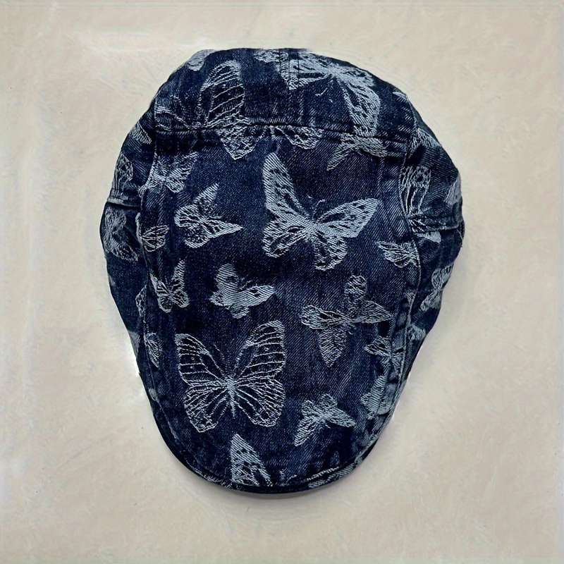 1pc Vintage Butterfly Denim Beret for Women Adjustable Sun-Protective Fashion Cap with Tie-Dye D