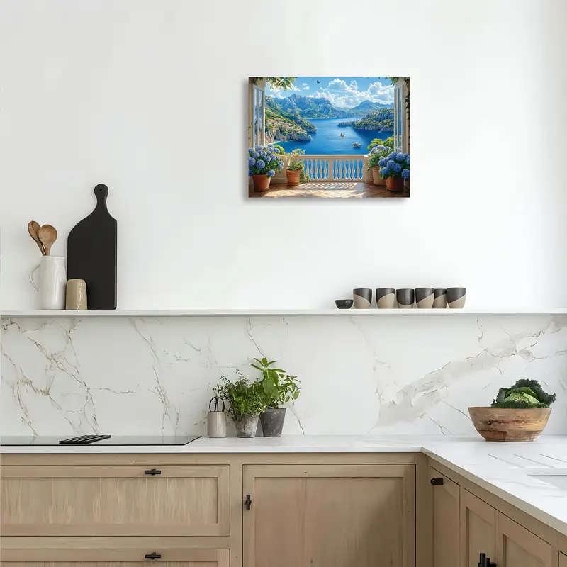 1pc Coastal Balcony Seascape Canvas Wall Art Woven Wooden Framed Print 29.97x39.88 cm Ideal for Livi