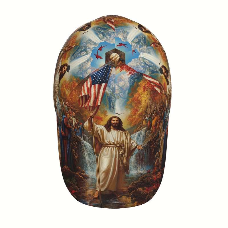1pc Adjustable Polyester Baseball Cap Jesus and American Flag Print Curved Brim Sports Running H