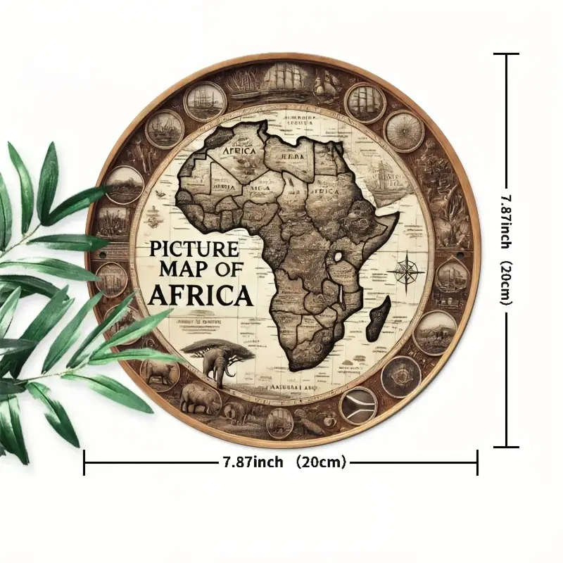 1pc Vintage Wooden Africa Map Wall Art Rustic Round Unfinished Wood Sign Farmhouse Style Hanging Dec