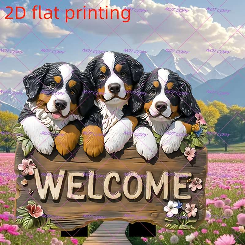 1pc 2D Flat  Printing Acrylic Bernard Mountain Dog Welcome Sign Garden Stake Suitable for Flowerpot