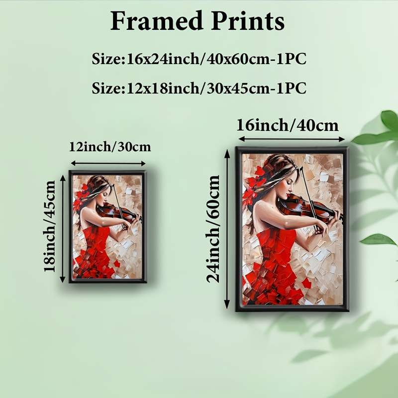 1pc  Framed Abstract Canvas Art Elegant Woman Playing Violin in Red Dress Unique Wall Decor f
