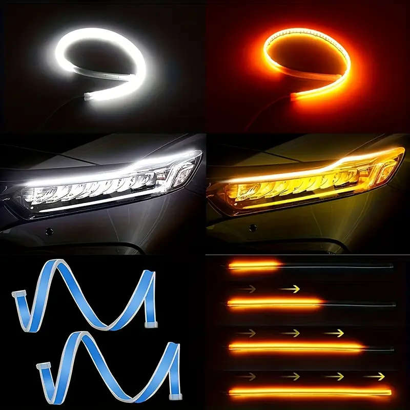 2pcs 60cm White Turn Yellow LED DRL Daytime Running Lights for Cars 12V