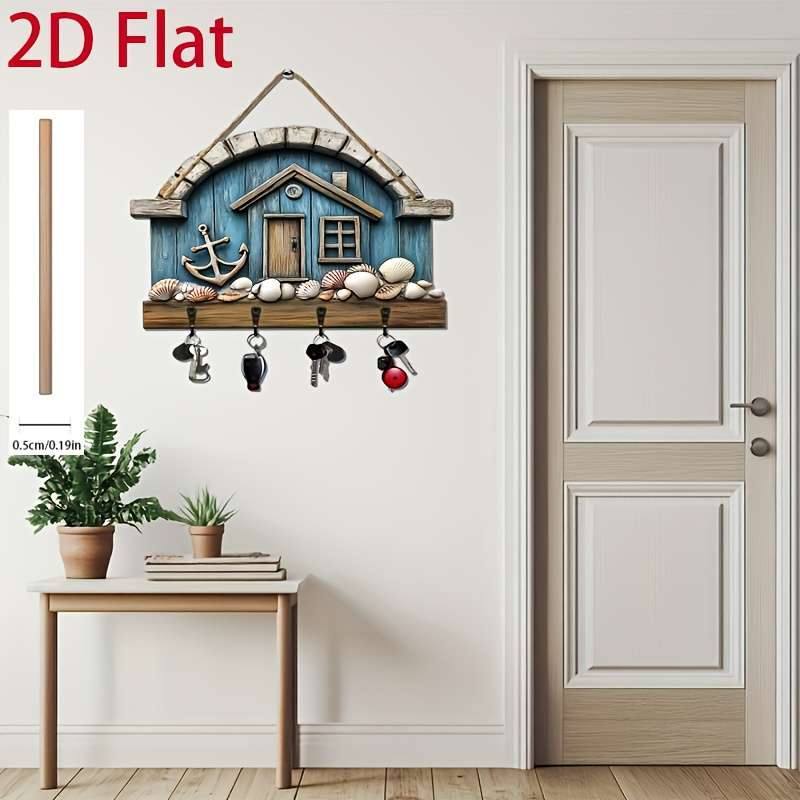 2D Flat 1pc Seaside Shell Cabin Simple Colorful Wooden and Home Key Hanger with Four Metal Hooks 2