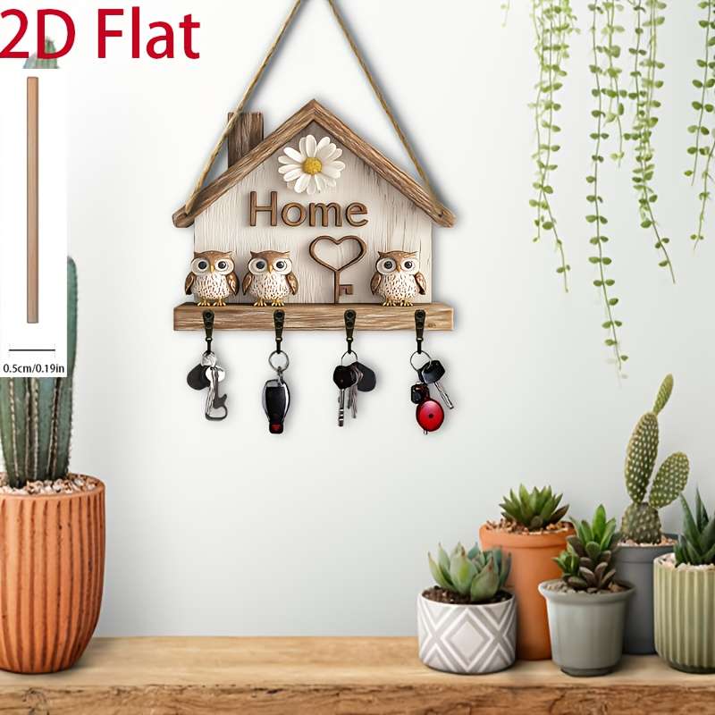 Charming Owl House Key Holder with 4 Metal Hooks Rustic Wooden Wall Decor for Home Porch or Vill