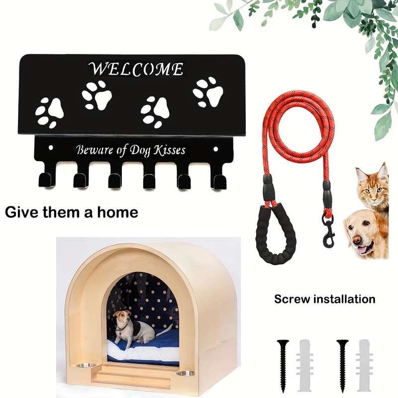 Stylish Black Metal Wall-Mounted Organizer with Key Hooks  Dog Leash HolderRust-Proof Powder-Co