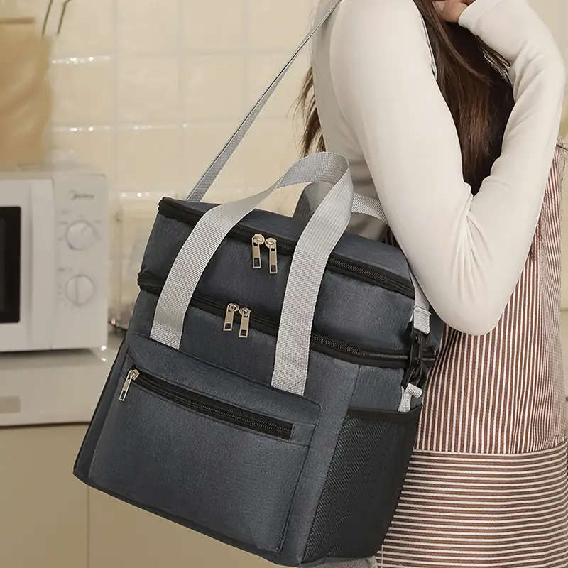 1pc Large Insulated Lunch Bag Double-Layer Leakproof Reusable Cooler Tote for Picnics Travel