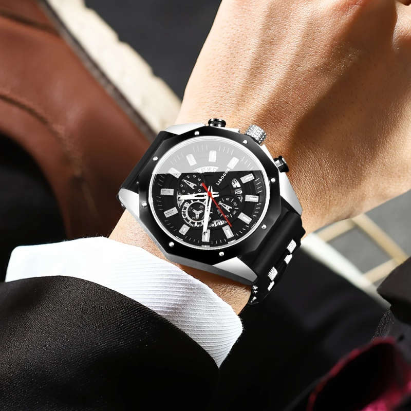 1pc Men's Stylish Quartz Watch with Calendar Black Rose Golden Silicone Strap Zinc Alloy Case Round