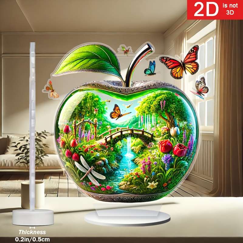 1pc 2D Flat   Charming Apple-Shaped Acrylic Decor a Vibrant Garden with Bridges Waterfalls D