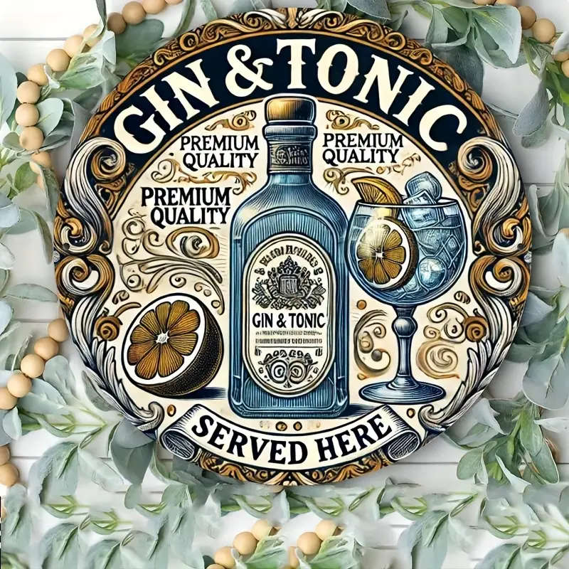 1pc Vintage-Inspired Aluminum Round Sign GIN Tonic Served Here Rustic Home Decor for Walls Windows P