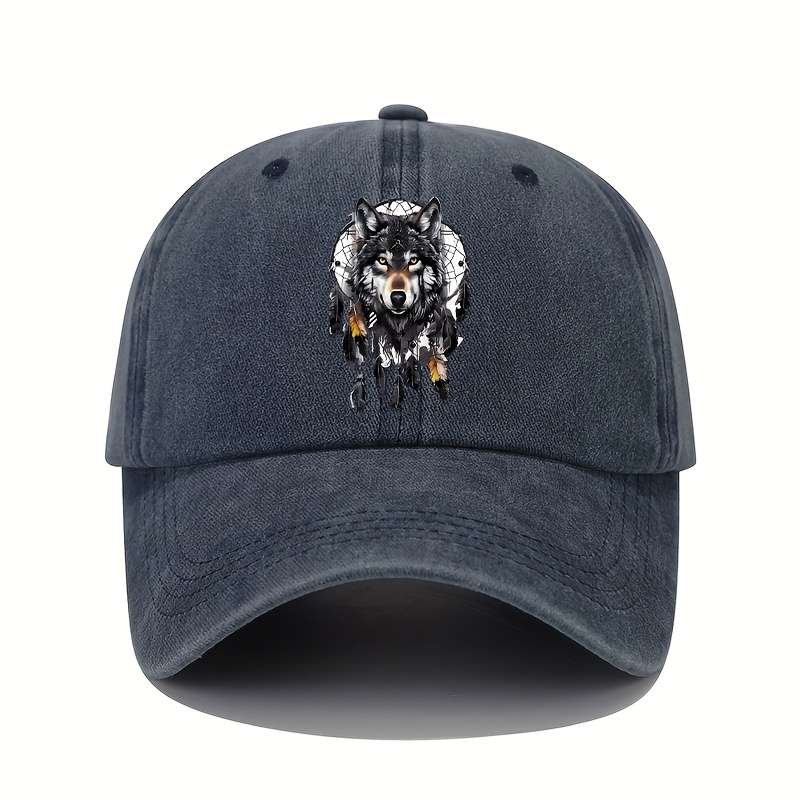 1pc Vintage Washed Cotton Baseball Cap with Wolf Totem Print Adjustable Sun Protection Hat for Al