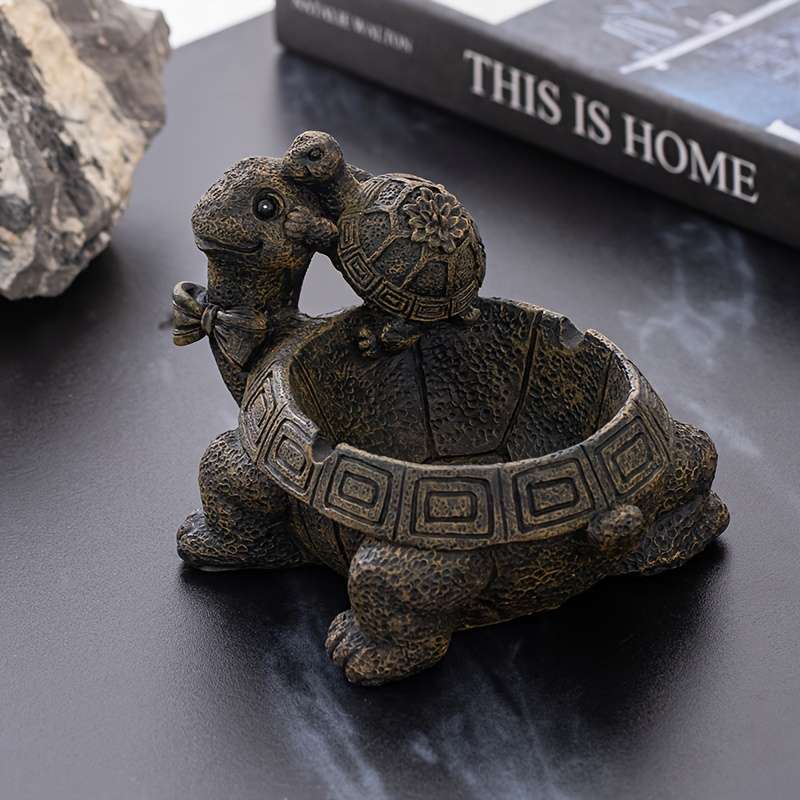 1pc Vintage Turtle Ashtray with Father and Son Design Resin Crafted Irregular Shaped Decorative