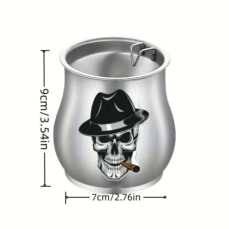 1pc Stainless Steel Ashtray with Lid Skull Pattern Windproof Anti-Fly Ash Creative Funnel Design