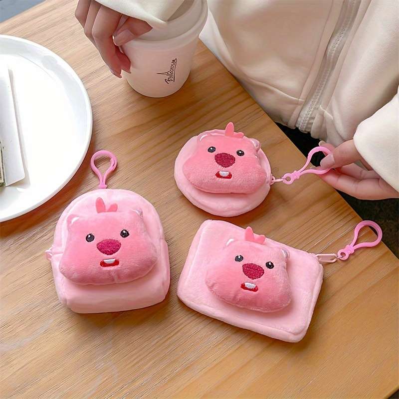 1pc Adorable Pink Beaver Coin Purse Lightweight Cartoon-Style Key Card Holder with Zipper Pock