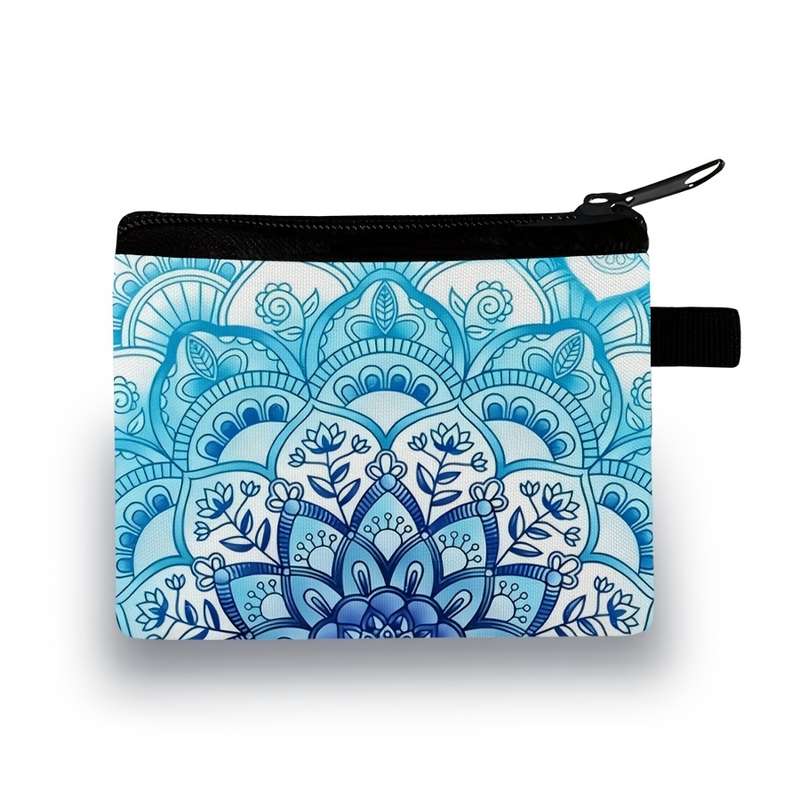 1pc Stylish Mandala Print Zipper Pouch Lightweight Durable Polyester Coin Purse with Vibrant Flor