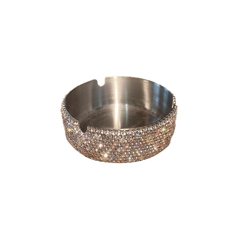 1pc Luxurious Stainless Steel Rhinestone Ashtray with Sparkling Red Blue Rims C Round Design