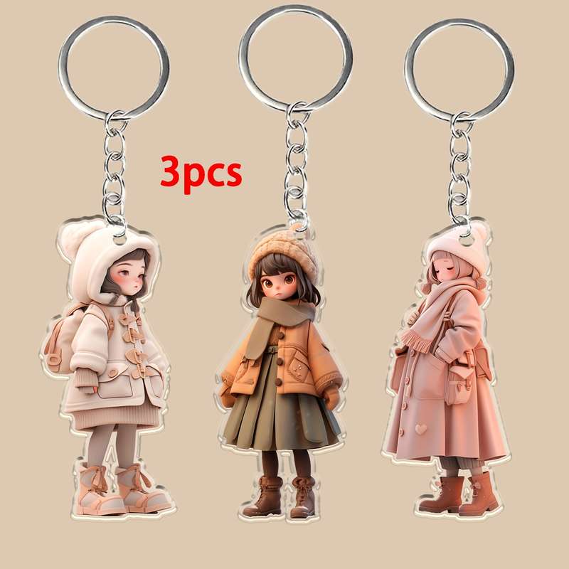 1pc 2D Flat Acrylic Trendy Winter Cartoon Female Keychain Pendant