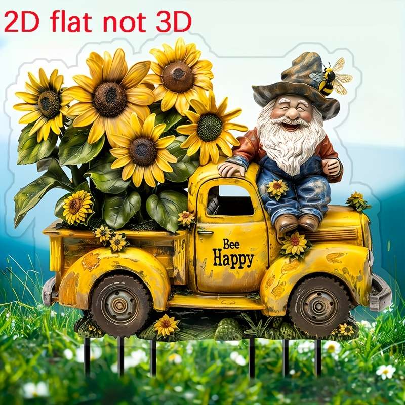 1pc 2D Flat  Happy Bee Driving Vintage Truck Garden Stake Perfect for Yard And Lawn Perfect Flowe