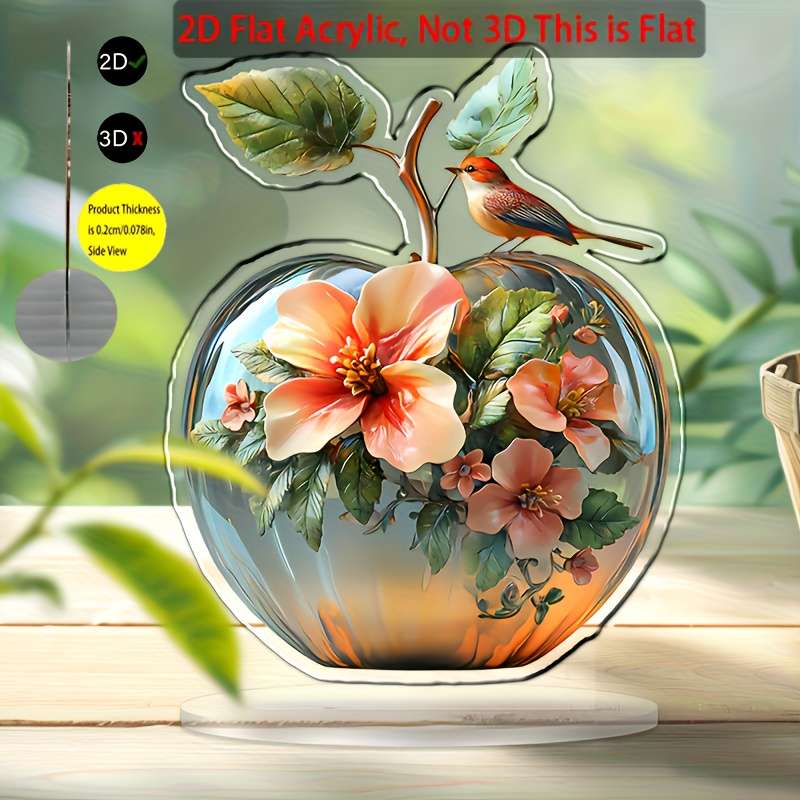 1pc 2D Flat   Boho Style Acrylic Apple Decorative Figurine with Floral and Bird Design Versatil