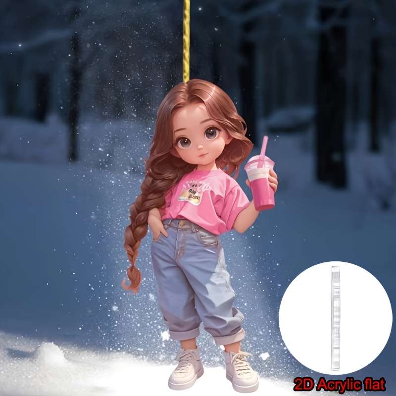 1pc 2D Flat  Acrylic Pendant Long Braided Pink Girl with Drink Ideal for Car Rearview Mirror Wal