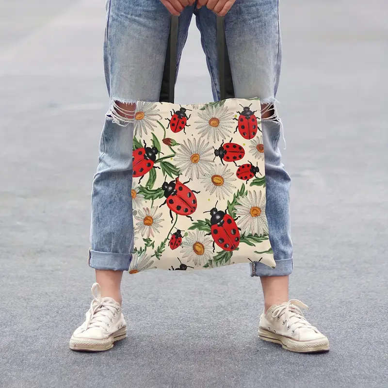1pc Ladybugs With Daisies Pattern Canvas Tote Bag Large Women Casual Shoulder Bag Handbag Reusable M