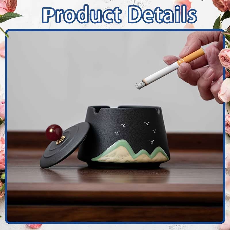 1pc Vintage Ceramic Ashtray with Lid C Windproof Black Mountain Bird Design for Indoor Outdoor Us