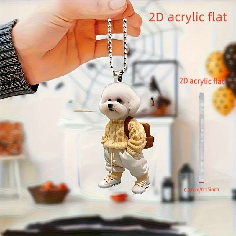 1pc 2D Flat   Acrylic Flat Cute Teddy Dog Keychain with Backpack Yellow Sweater White Sneak