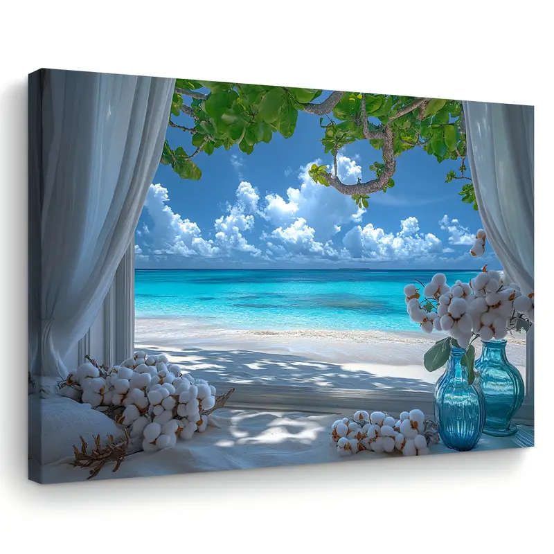1pc Beach View Window Canvas Art Wooden Framed Wall Decor for Living Room Bedroom Kitchen Perfect Ho