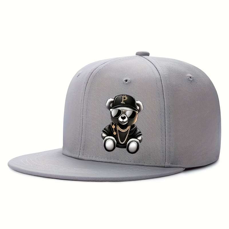 1pc Adjustable Hip-Hop Baseball Cap with Cute Bear Pattern Sun Protection Lightweight Flat Brim