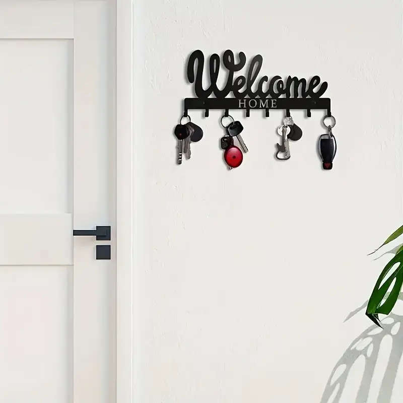 1pc Black Metal Welcome Home Key Holder with 8 Hooks Wall Mounted Key Rack for Keys Towels Coats Ver