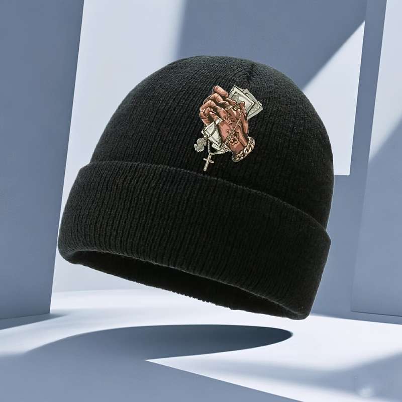 1pc Men's Hip Hop Style Black Knit Beanie with Cross Pattern Warm Stretchy Machine Washable
