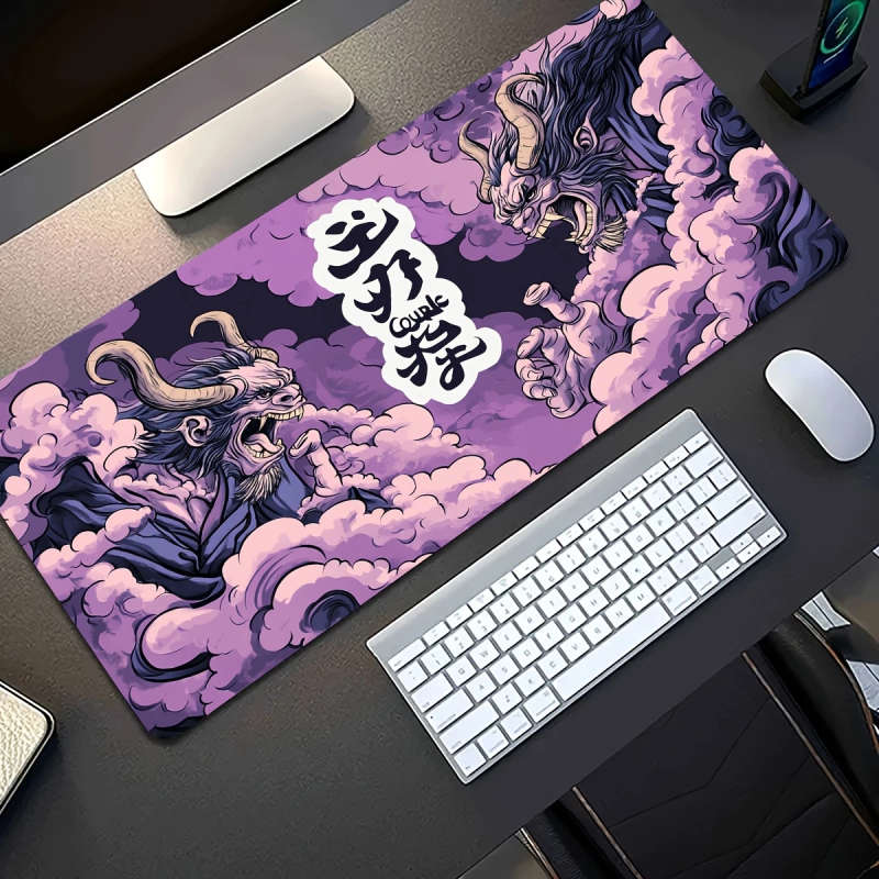 1pc 40x90cm Japanese Yokai-Themed Rubber Anti-Slip Mouse Pad Vibrant Purple Black Design