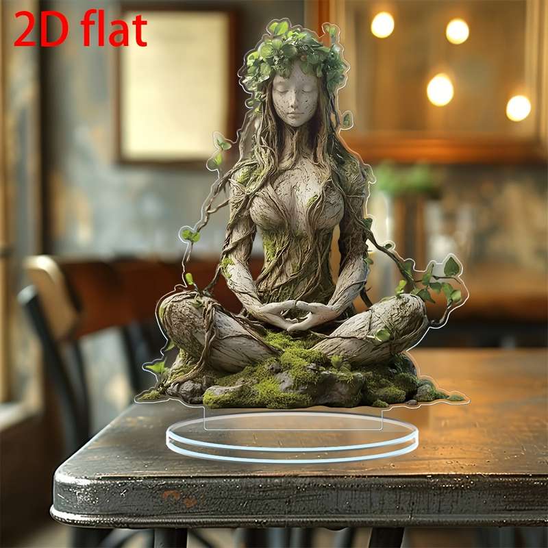 1pc 2D Flat   Boho Goddess Acrylic Desktop Decor Natural Wooden Texture with Moss Vines Ide