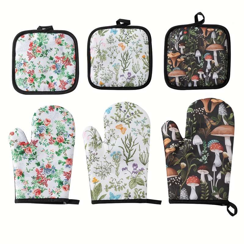 2pcs Polyester Digital Print Mushroom Pattern Kitchen Baking Oven Mittens Heatproof Mats Dining