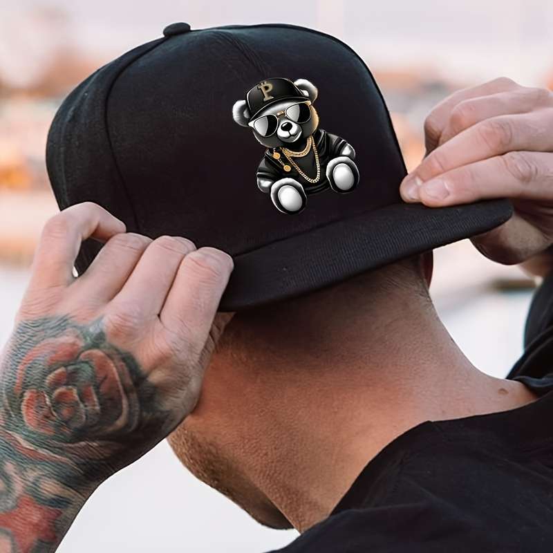 1pc Hip Hop Bear Print Flat Brim Cap Unisex Adjustable Street Style Baseball Hat 100% Polyest