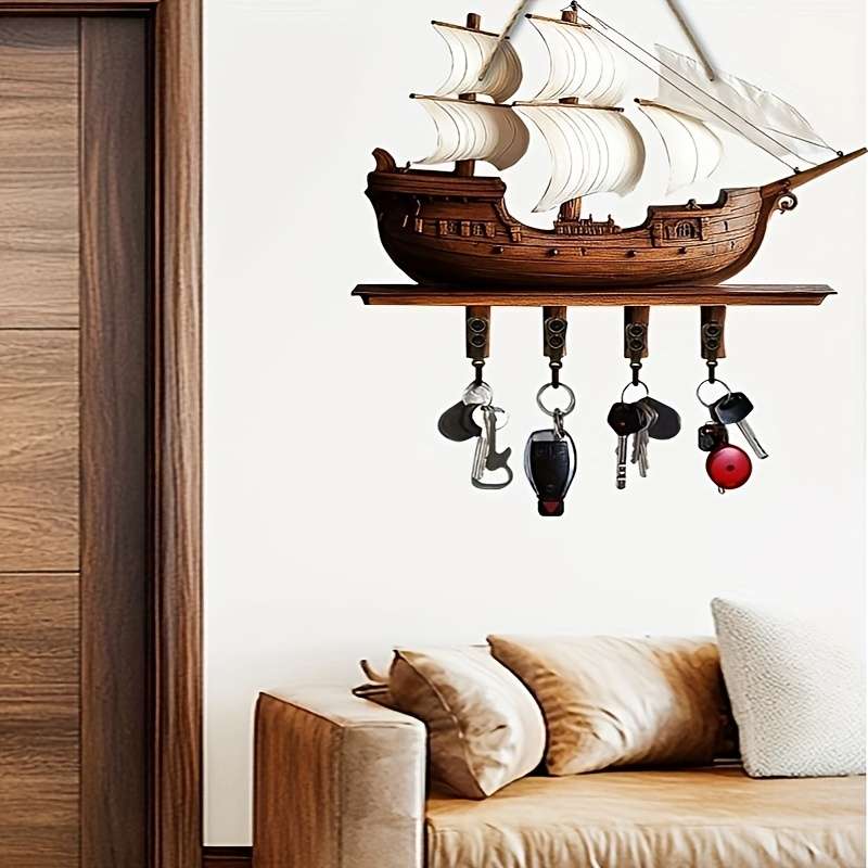 1pc Vintage Sailboat Wooden Key Holder with 4 Metal HooksEasy Install Space-Saving Wall Mount Or
