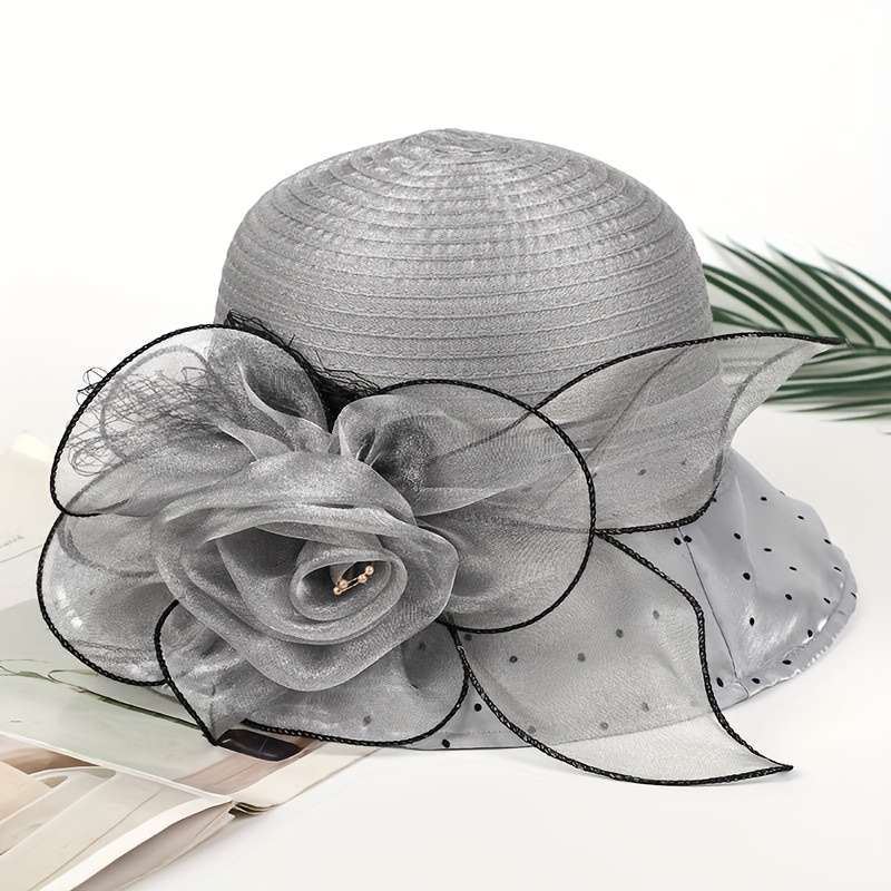 1pc Women's Wide Brim Floral Organza Sun Hat Beige with Black Mesh Flower Veil Breathable UV P