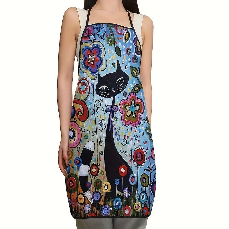 1pc Vibrant Cartoon Cat Floral Apron Polyester Kitchen Essential for Cooking BBQ Painting