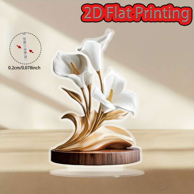 1pc 2D Flat  Printing  Elegant White Lily Acrylic Decor with Base Bohemian Style Perfect for