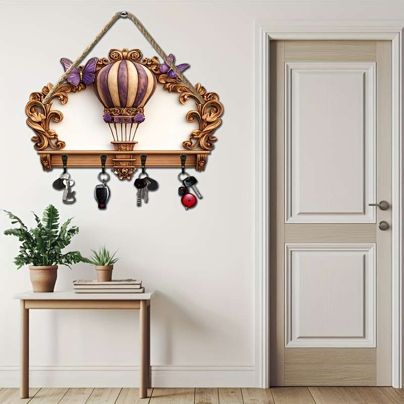 2D Flat 1pc gorgeous hot air balloon simple colorful wooden and home key hanger with four metal
