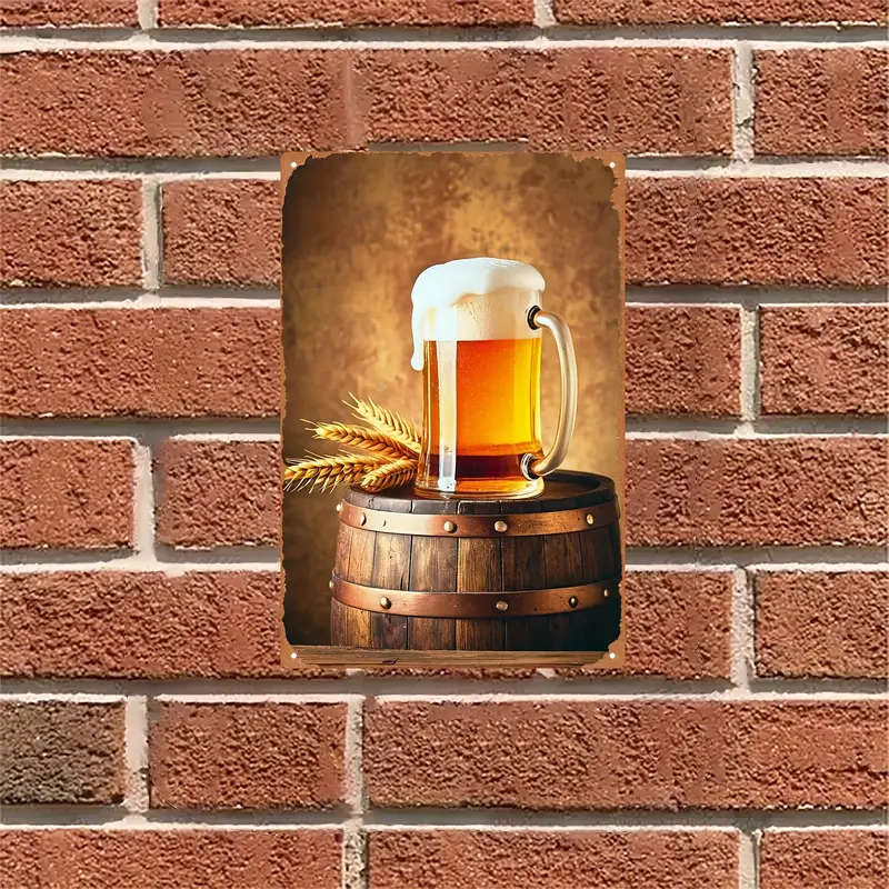 1pc Iron Painting About A Glass Of Beer With Foam On Top Placed On A Wooden Barrel 20x30cm 8x12inch