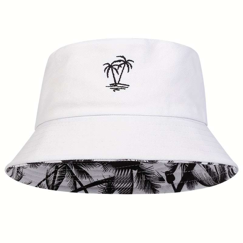 1pc Men'S Reversible Bucket Hat with Tree Embroidery Funky Style Polyester Fishing Cap Casual