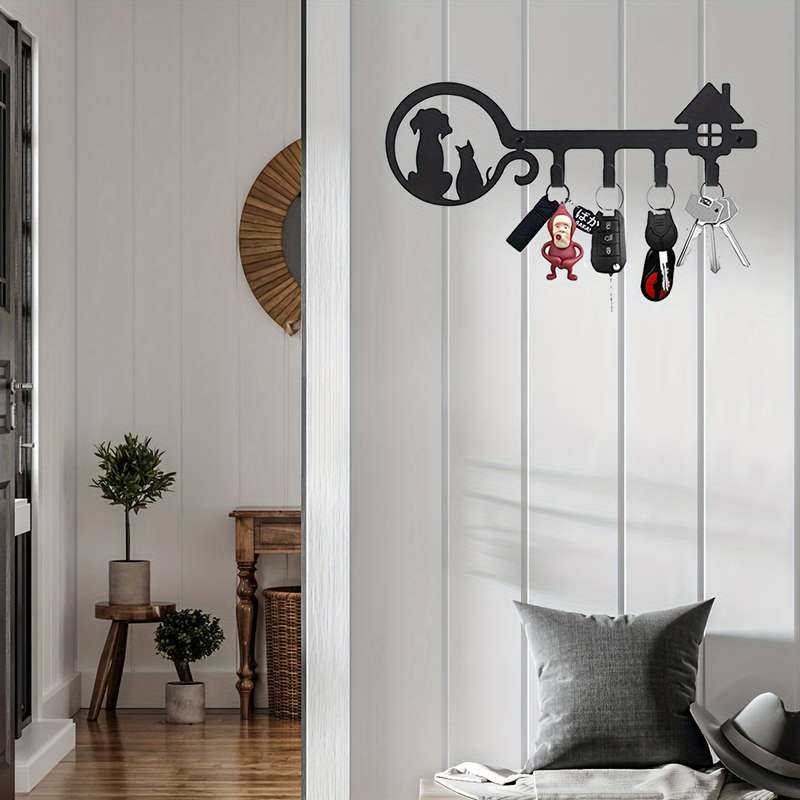 1pc Decorative Black Metal Key Holder 11-inch Cat And Dog Silhouette 4 Hooks Wall Mount