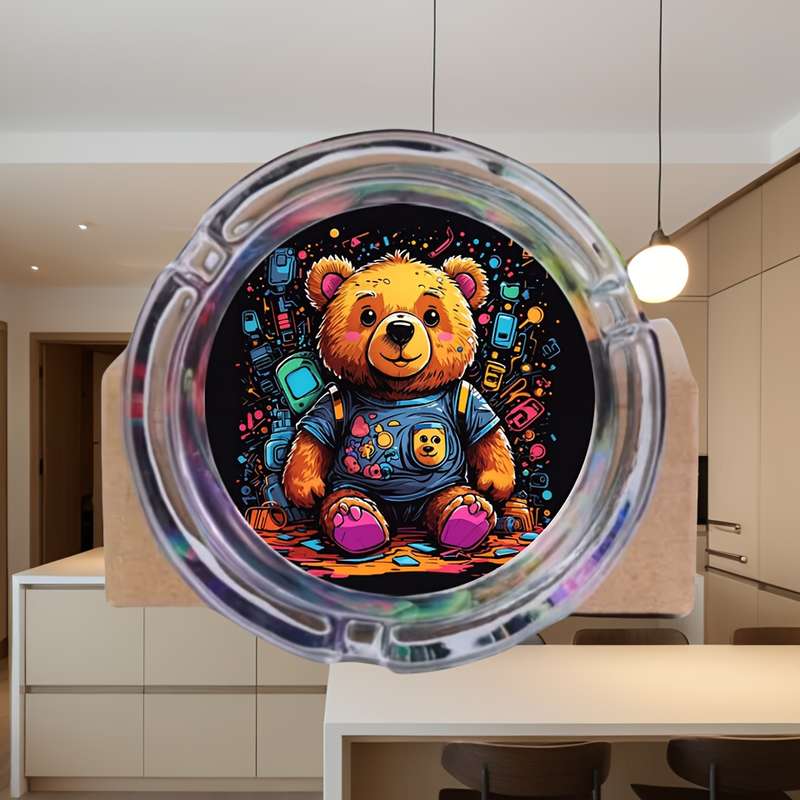1pc Creative Round Glass Ashtray with Cute Teddy Bear Design Vibrant Colors Whimsical Artwor