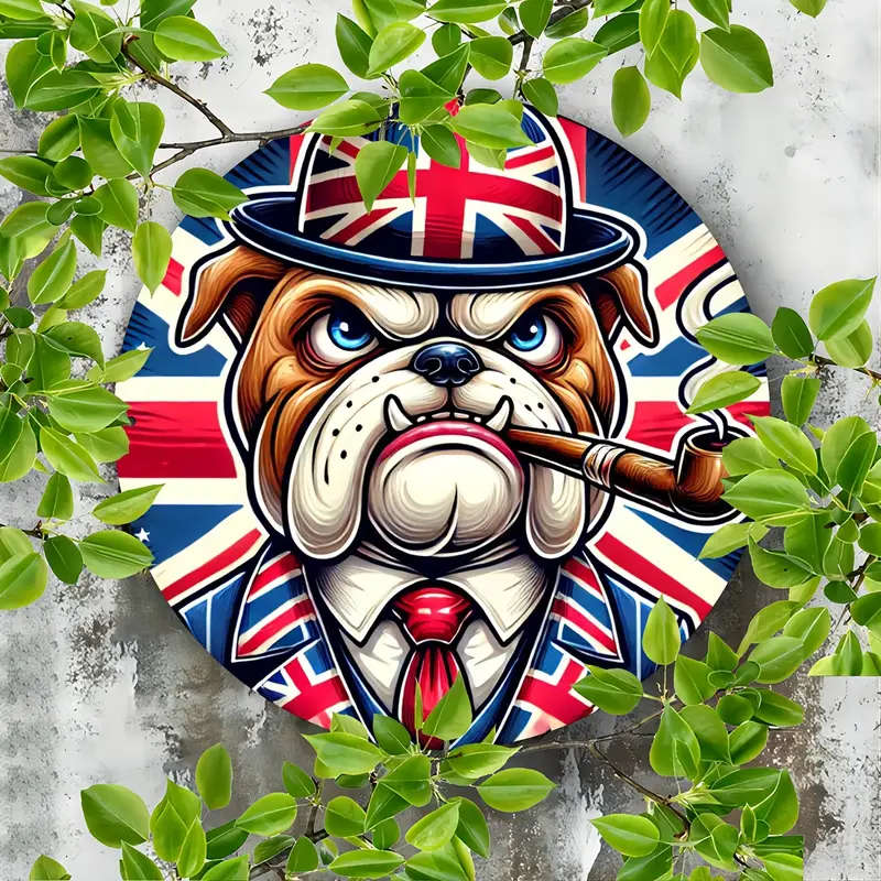 1pc Vintage Bulldog with Union Jack Design Aluminum Wall Art Sign Durable Metal Decor for Bedroom Ki