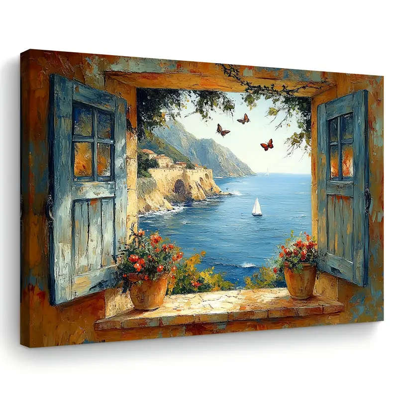 1pc Room Decor Nautical Coastal Landscape Canvas Wall Art Wooden Framed Seaside View with Sailing Bo