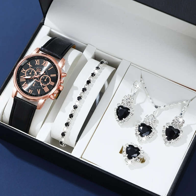 1set Elegant Quartz Wrist Watch and Jewelry Set with Shock-Resistant Round Analog-Digital Display PU