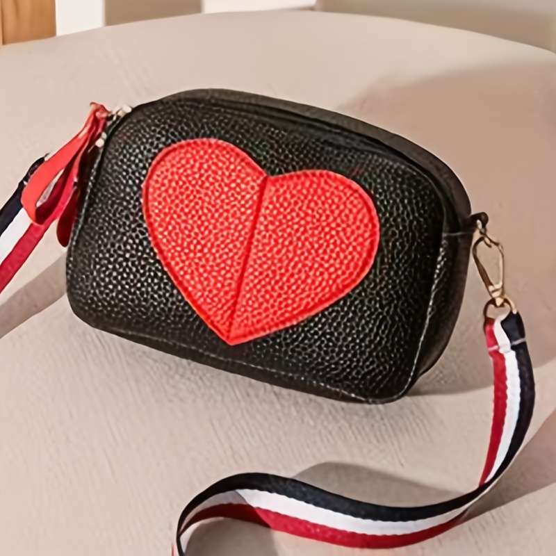 1pc Lightweight Black PU Heart-Shaped Pouch with Adjustable Strap Casual Zipper Phone Bag Ideal